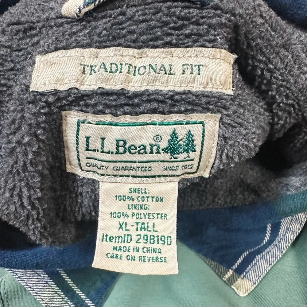 LL Bean Blue Green Yellow Plaid Fleece Lined Flannel Shirt Traditional Fit XL TL